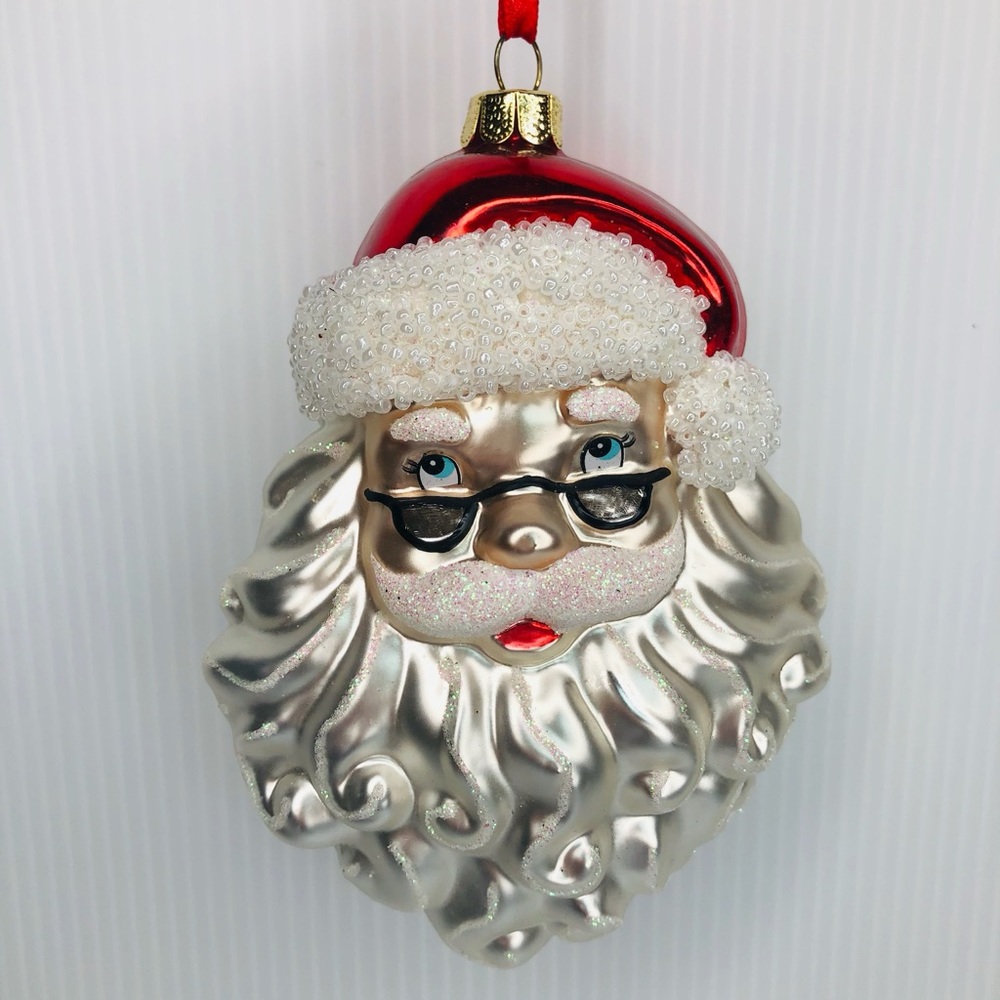 Blown Glass Ornament Santa Head with Glasses Christmas Tree Decoration Classic